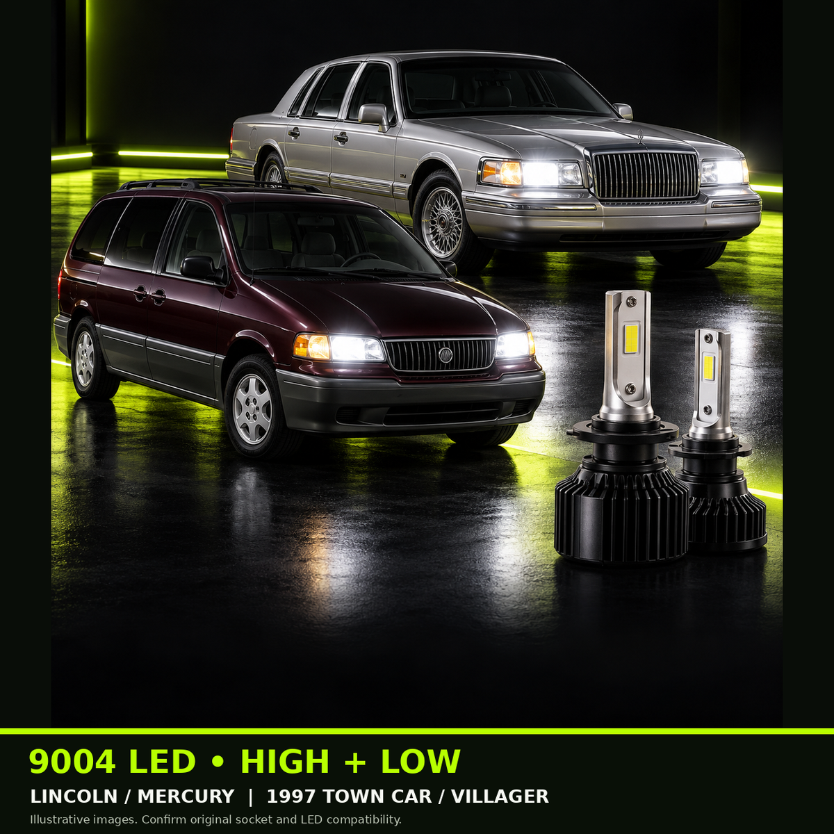 9004 high + low bulb guide - LINCOLN / MERCURY, 1997 TOWN CAR / VILLAGER example