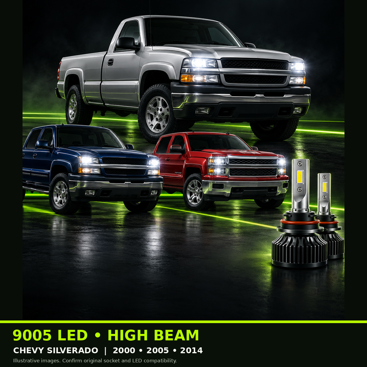 9005 high beam LED bulb guide - 2000, 2005 and 2014 Silverado examples