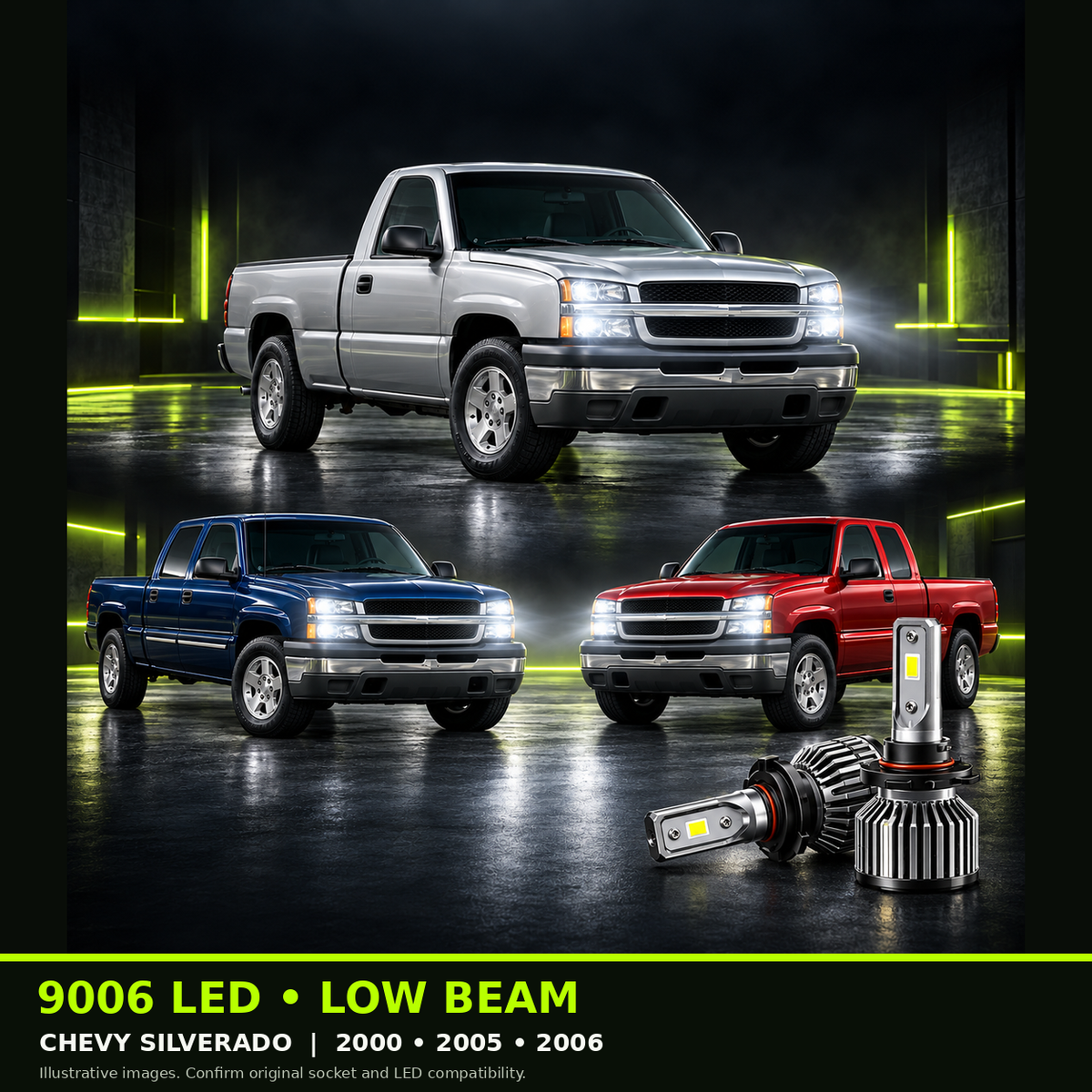 9006 low beam LED bulb guide - 2000, 2005 and 2006 Silverado examples