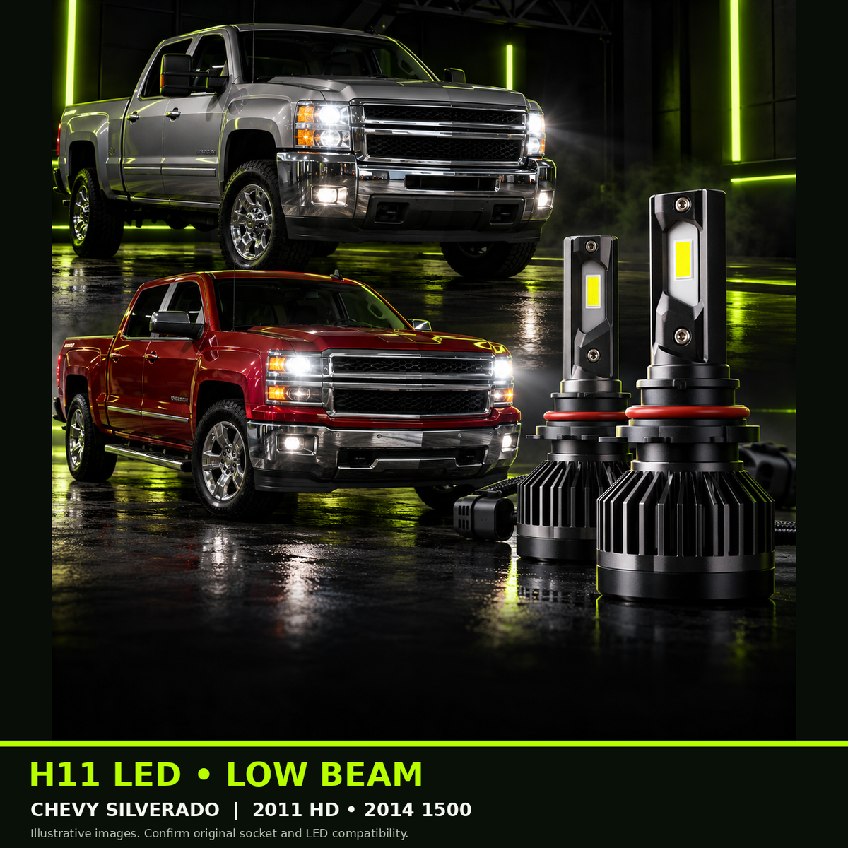 H11 low beam - 2011 Silverado HD and 2014 Silverado 1500 examples