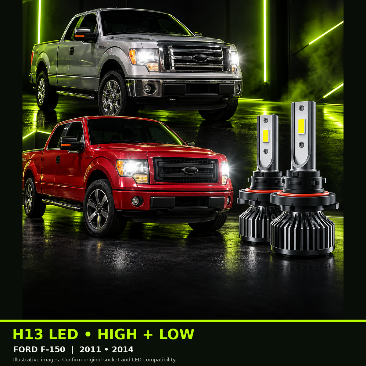 H13/9008 high and low beam - 2011 and 2014 Ford F-150 halogen examples